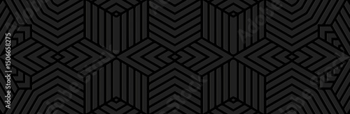 Banner, cover design. Geometric ethnic linear 3D pattern on a black background. Relief ornaments, arabesques, mandala, fresco, painting of the East, Asia, India, Mexico, Aztec, Peru.
