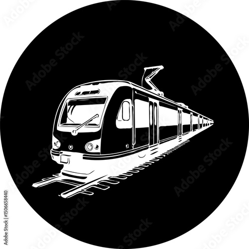 Monochromatic representation of a modern subway train in a bold, minimalist circle