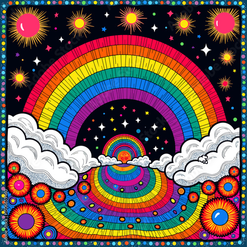 Vibrant rainbow background with stars, clouds, and colorful patterns . T-shirt print 