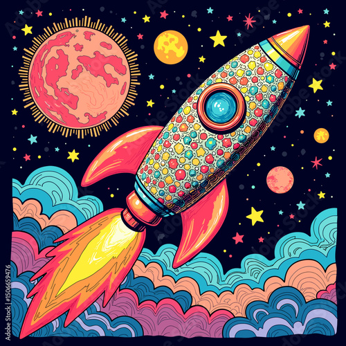 Colorful rocket launching through space with planets and stars . T-shirt print 