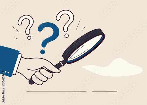 Businessman looking through magnifying glass searching. Thinking of who what where when why and how. 5w1h asking questions for solution to solve problem, business analysis to new idea. 