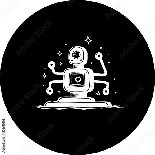 Stylized robot character illustration against a solid black background disc