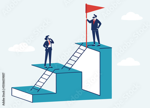 Business concept a ladder Corporate of success. Business people employee climb ladder to next level. Flat vector illustration