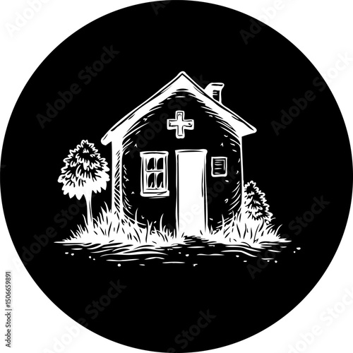 Monochromatic rendering of a quaint clinic building nestled among natural elements
