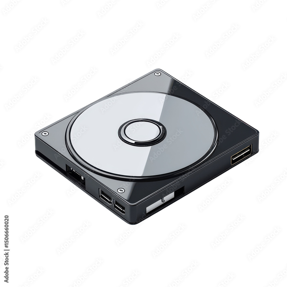 Fototapeta premium Modern hard drive tech data storage hub featuring USB ports showcasing on transparent background