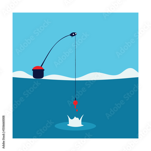 Minimalist illustration of a fishing rod with a red lure and a water splash