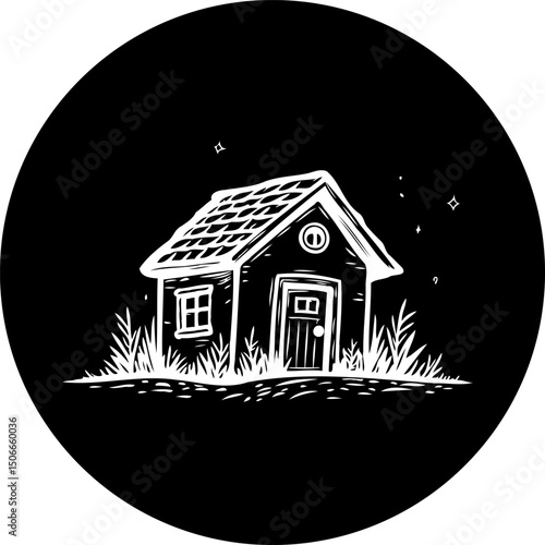 Enigmatic monochrome illustration: a whimsical cabin nestled under a starlit sky