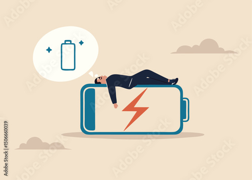 Businessman with low battery. Burnout, overload. Fight burnout at work. Modern flat vector illustration.