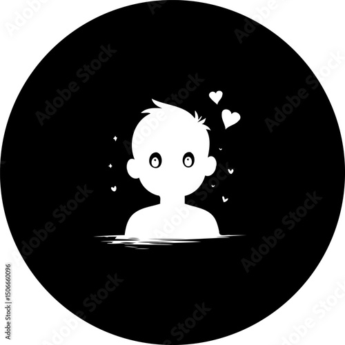 Minimalist illustration of a whimsical figure surrounded by hearts in darkness