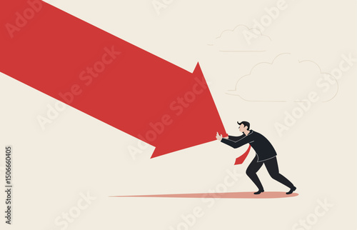 Man pushing falling down arrow with full effort. Survive investment crash, crisis or recession, pushing back or effort to win business challenge, economic recession.