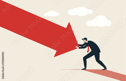 Man pushing falling down arrow with full effort. Survive investment crash, crisis or recession, pushing back or effort to win business challenge, economic recession.