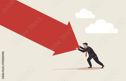 Man pushing falling down arrow with full effort. Survive investment crash, crisis or recession, pushing back or effort to win business challenge, economic recession.