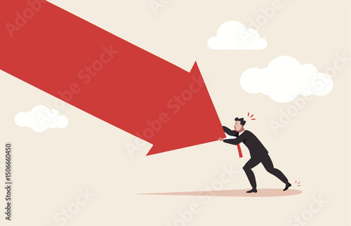 Man pushing falling down arrow with full effort. Survive investment crash, crisis or recession, pushing back or effort to win business challenge, economic recession.
