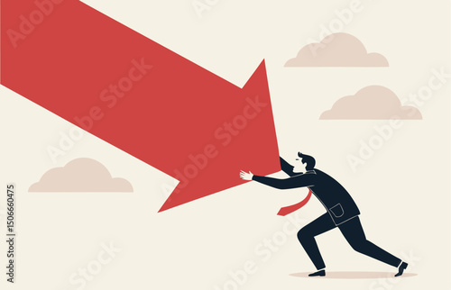 Man pushing falling down arrow with full effort. Survive investment crash, crisis or recession, pushing back or effort to win business challenge, economic recession.
