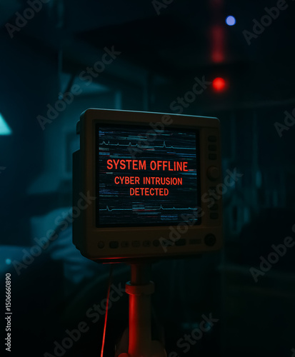 Medical monitor in dim emergency room shows red warning 'System Offline – Cyber Intrusion Detected', suggesting critical digital security breach in healthcare environment.