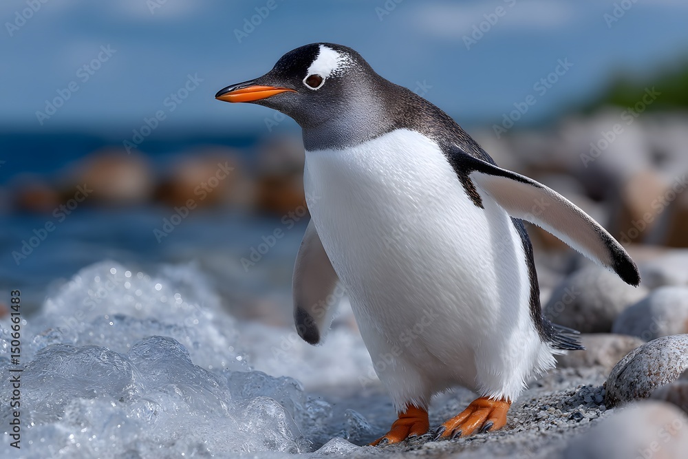 Fototapeta premium Close-up of a Gentoo Penguin on a Rocky Shore