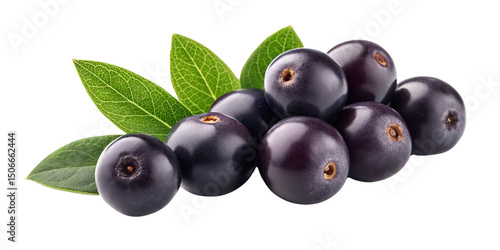 Acai Berries with Leaves Cluster, Isolated on Transparent Background, Food Photography, Superfood, Acai, Berry, Superfruit