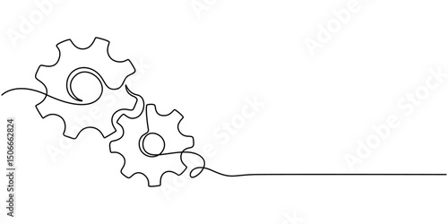 Gears one line drawing. One continuous line illustration of gears wheels. Two moving cog gear. Vector illustration, Gear Continuous Line Icon, Gears in one continuous line drawing. Continuous single.