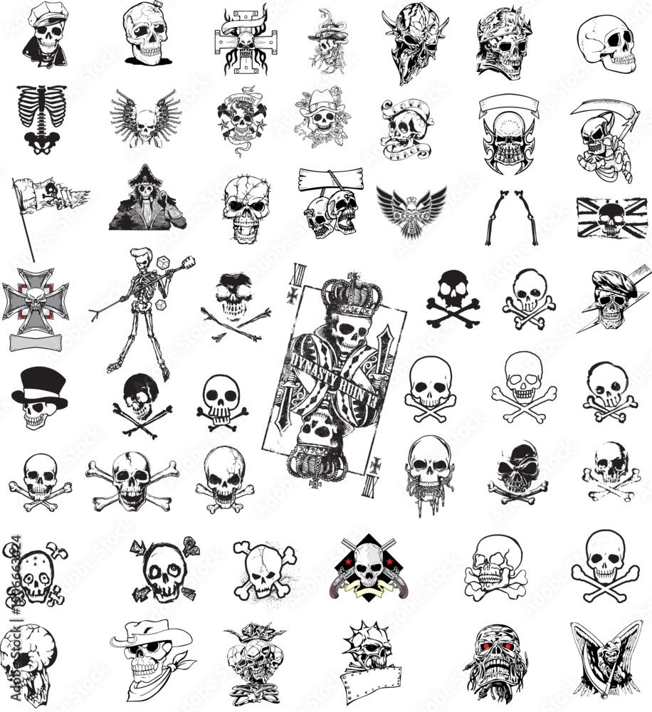 Naklejka premium Vector set of skulls style black and white illustration