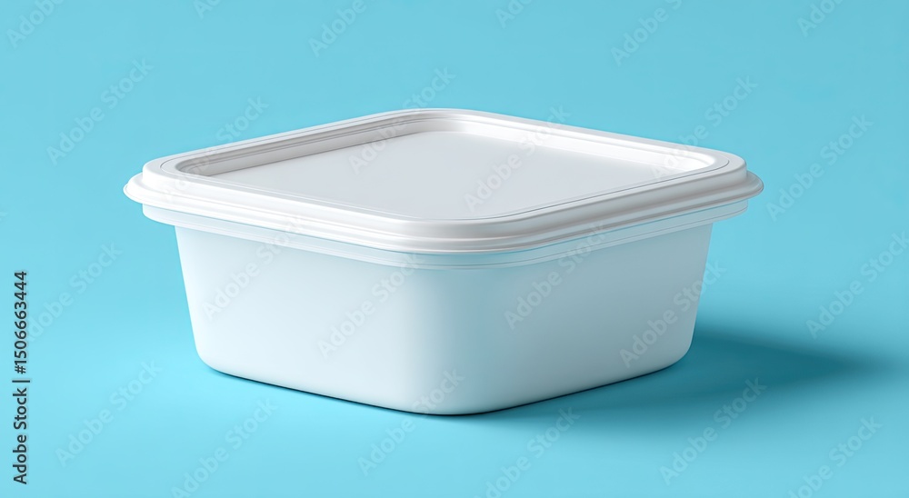 Square food container with a lid. A simple, white plastic container, perfect for storing or transporting food. The lid fits snugly on top Square food container with a lid. A simple, white plastic container, perfect for storing or transporting food. The lid fits snugly on top