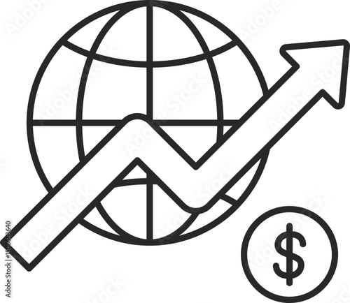 Globe with rising arrow and dollar sign symbolizing global GDP and macroeconomic growth, line icon vector.