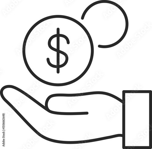 Hand holding dollar coin symbolizing monetary policy, income distribution, and fiscal support, line icon vector.