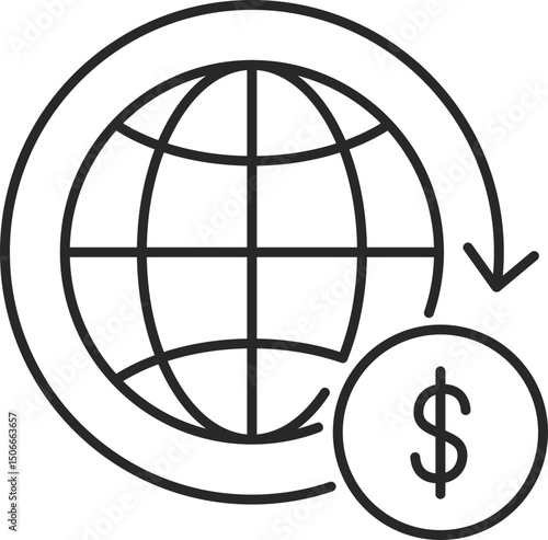 Globe with downward arrow and dollar sign representing global economic slowdown and macroeconomic crisis, line icon vector.