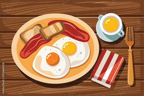 Delicious Breakfast Sunny-Side Up Eggs, Crispy Bacon, and Toast
