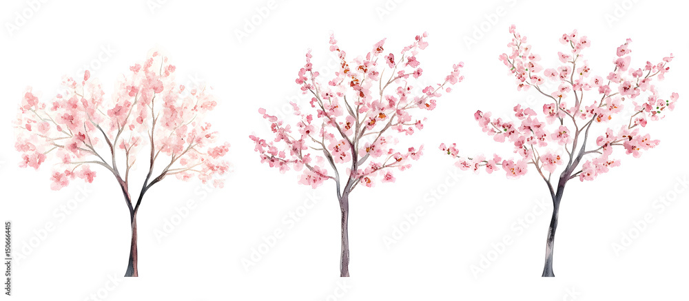 Fototapeta premium Watercolor illustration of three cherry blossom trees with pink flowers isolated on transparent background
