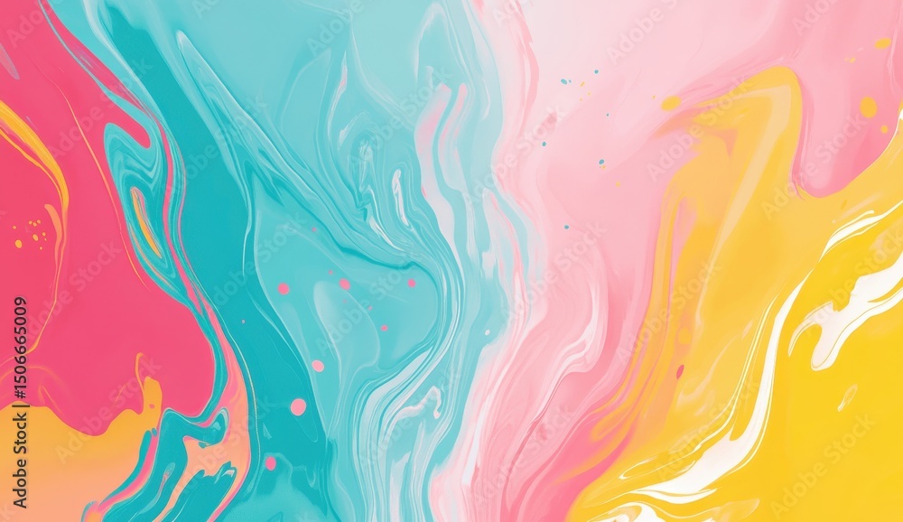 Fototapeta premium Abstract fluid art featuring swirling pastel hues of pink, teal, and yellow, creating a dynamic, visually appealing composition with subtle speckles