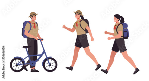 Three Scouts One on a Bicycle Two Walking with Backpacks