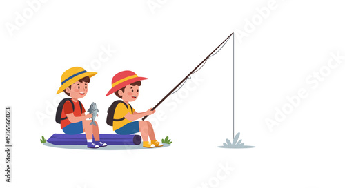 Two boys fishing on a log one holding a caught fish