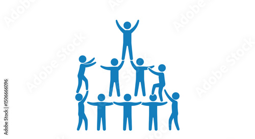 Blue Stick Figure Teamwork Pyramid with Raised Arms
