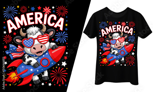 America Cow Patriotic 4th of July, T-Shirt Design.
