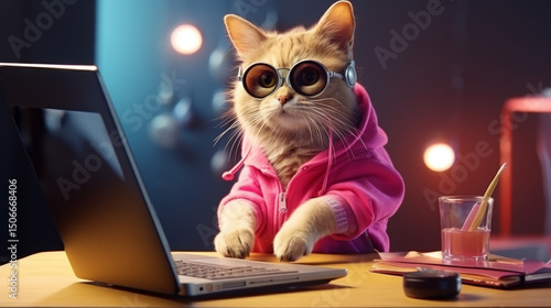 Humorous scene with a cat using AI technology at home