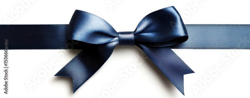A navy blue satin ribbon tied in a classic bow, centered on a white background
