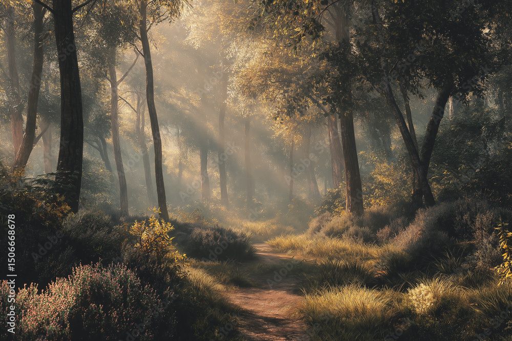 Naklejka premium Dreamy Forest Landscape with Soft Morning Light Illustration