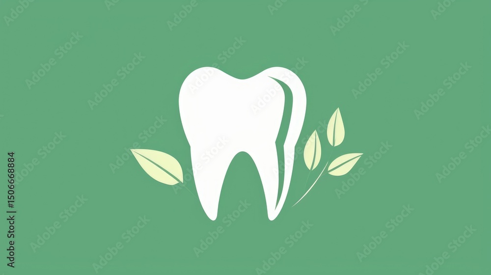 Obraz premium White tooth with green leaves on neutral background representing natural dental care and eco-friendly oral health