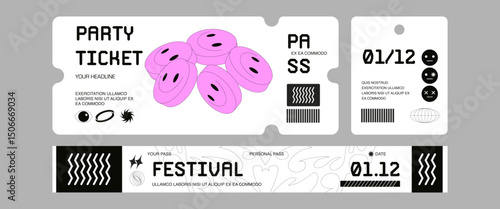 Control ticket bracelets for events, disco, festival, fan zone, party, staff. Vector mockup of a festival bracelet in a acid style.