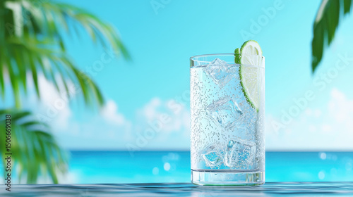 Refreshing glass of hard seltzer with ice and lime slice, set against vibrant tropical background, evokes sense of relaxation