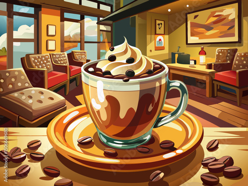vector of Chocolate chips on a creamy cappuccino in a cafe environment, with warm and dark colors...