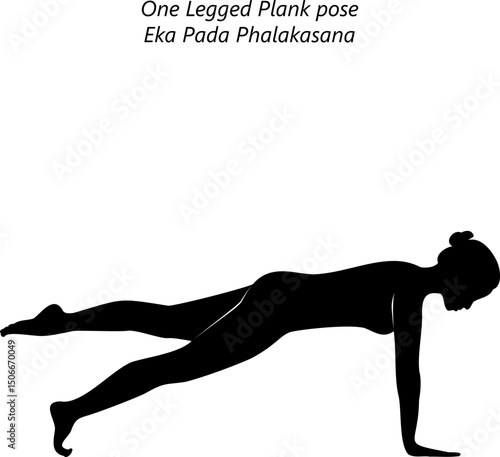 Silhouette of woman practicing Eka Pada Phalakasana yoga pose. One Legged Plank yoga pose. Intermediate Difficulty. Isolated vector illustration
