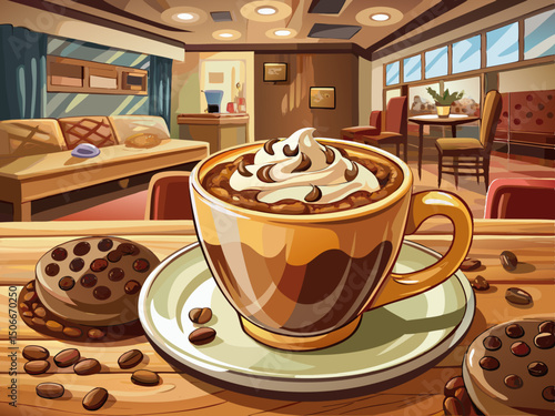 vector of Chocolate chips on a creamy cappuccino in a cafe environment, with warm and dark colors...