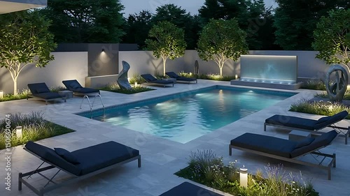 Modern outdoor swimming pool at night with lounge chairs, illuminated water features, and landscaping