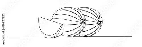 continuous single line art of a whole and split watermelon with curved and snaking lines