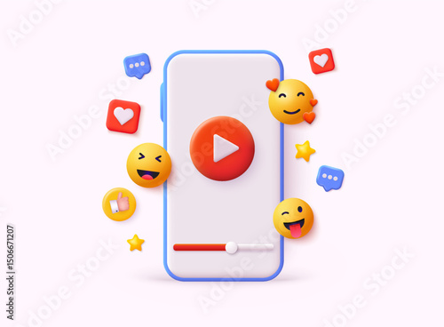 3d render social media and technology with smartphone, like button and geometric shapes, chat. online social communication applications concept. 3D Web Vector Illustrations.