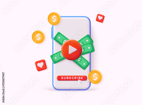 Online marketing on smartphone with passive income concept. 3D Web Vector Illustrations.