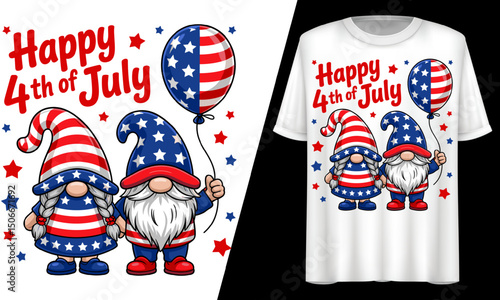 Happy 4th of July ,Gnome Holding Patriotic Balloons, T-Shirt Design.
