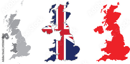 United Kingdom map in three different styles: one in official colors, one in gray, and one in red, all isolated on a white background
