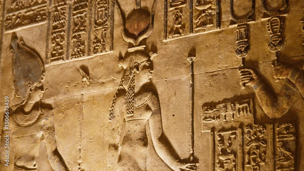 Ancient Egyptian wall carving with goddess and hieroglyphs, Dendera ...